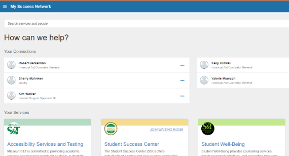 Screenshot of Student Success Network with student connections, and services.